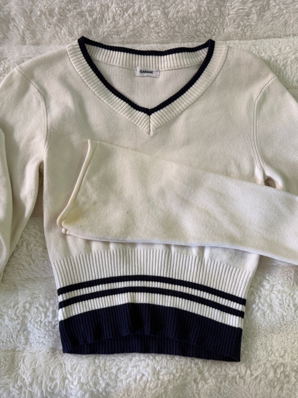 Garage Cream V-Neck Sweater with Navy Trim